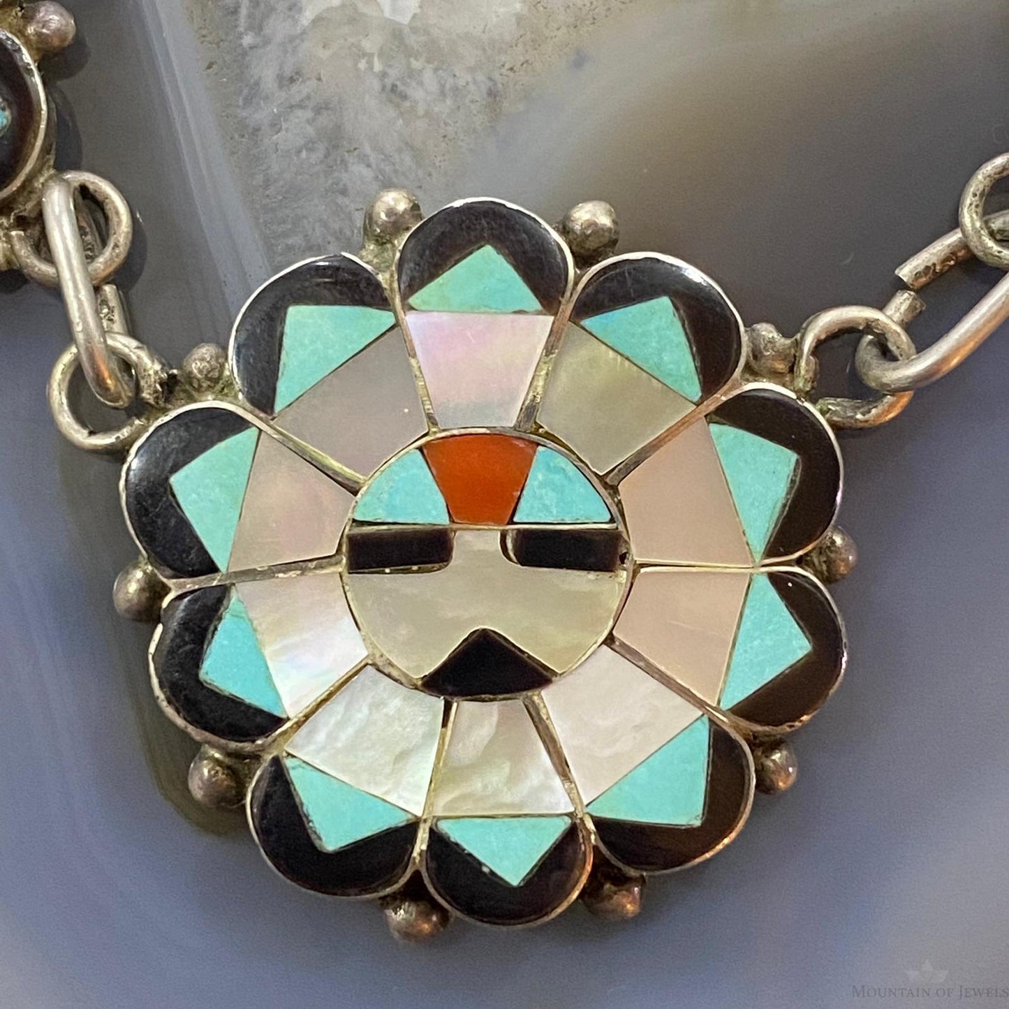 Deane Qualo Zuni Vintage Silver Multistone Inlay Sunfaces 19" Necklace For Women