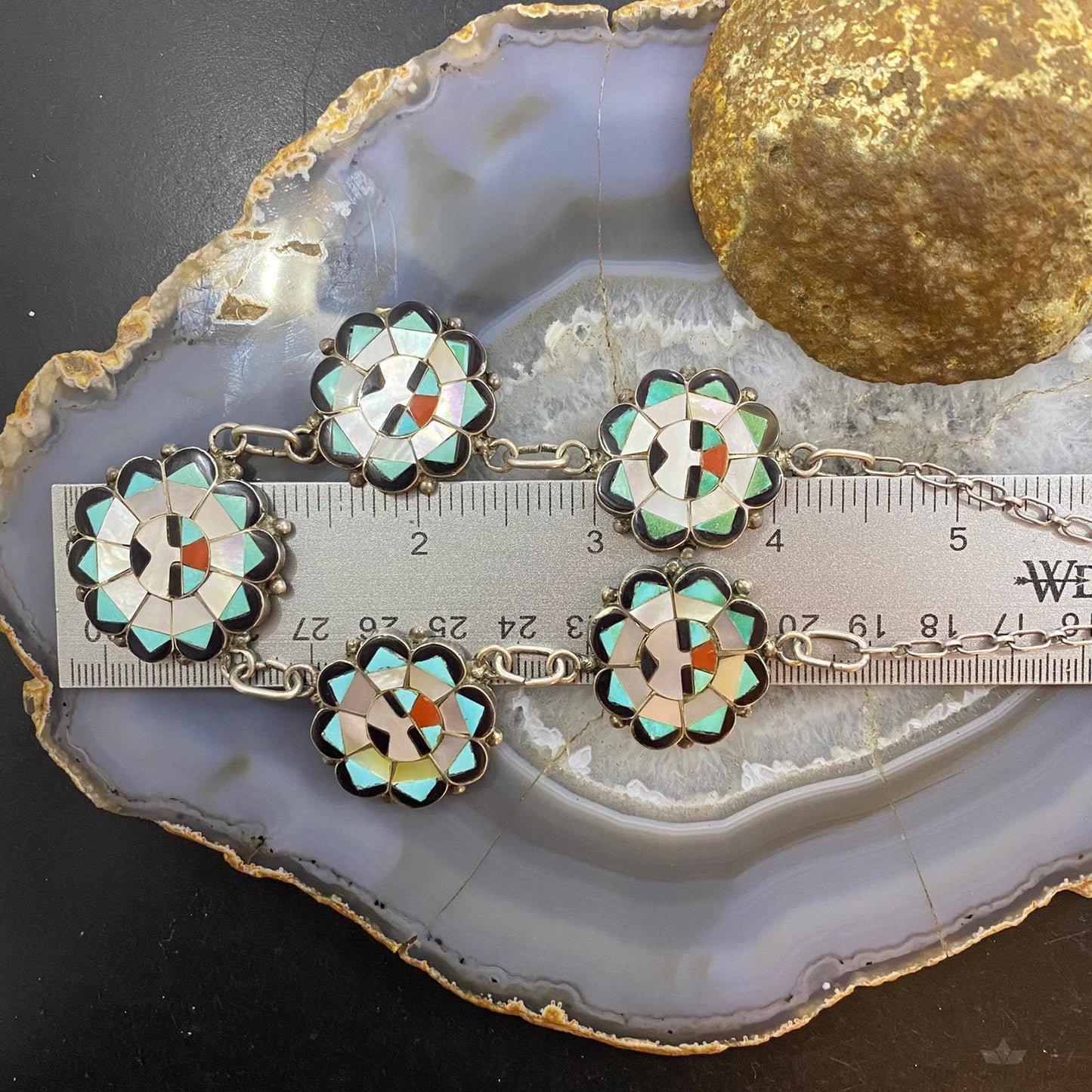 Deane Qualo Zuni Vintage Silver Multistone Inlay Sunfaces 19" Necklace For Women