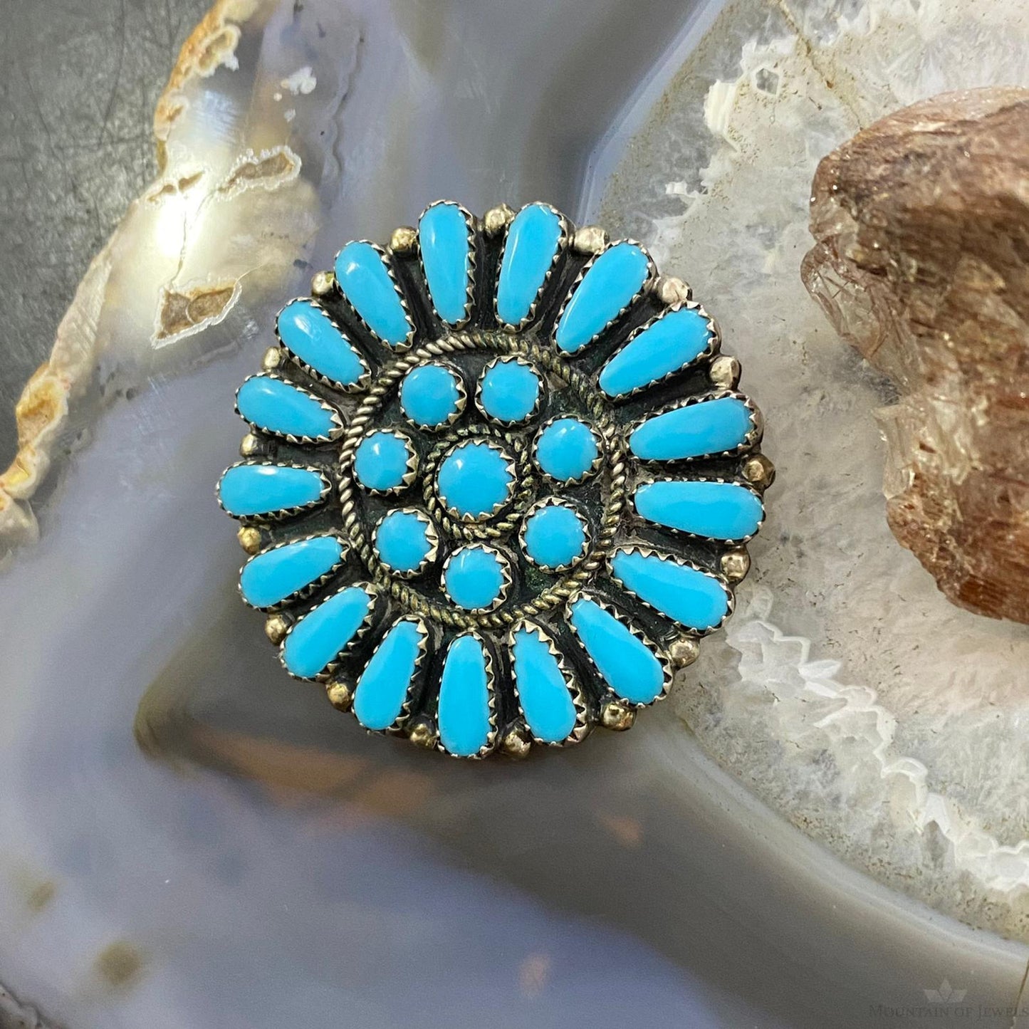 Vintage Native American Sterling Silver Turquoise Cluster Brooch/Pendant For Women