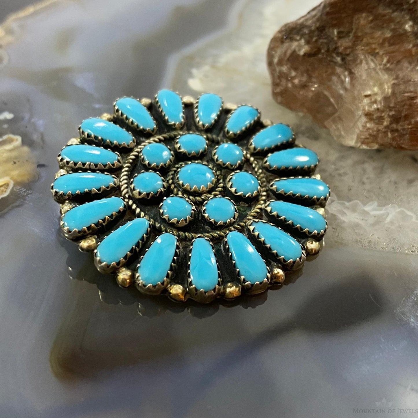 Vintage Native American Sterling Silver Turquoise Cluster Brooch/Pendant For Women