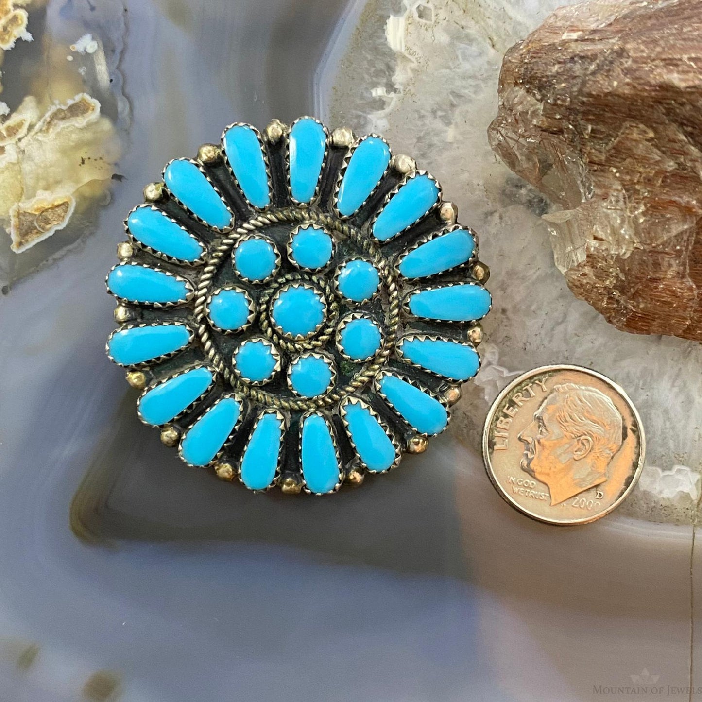 Vintage Native American Sterling Silver Turquoise Cluster Brooch/Pendant For Women