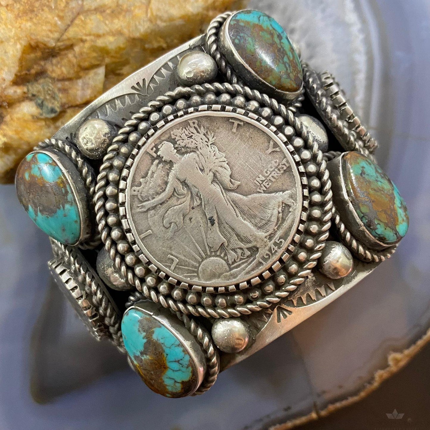 Alex Sanchez Sterling 4 Turquoise 1/2 Walking Liberty Dollar 2 Mercury Dimes Bracelet