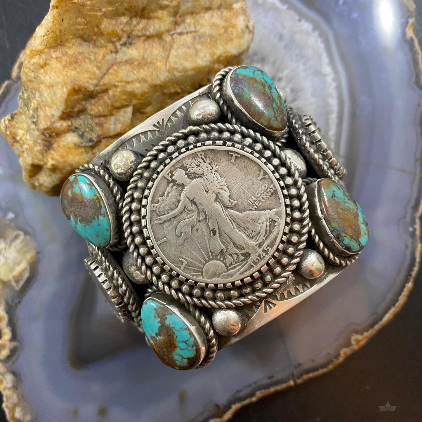 Alex Sanchez Sterling 4 Turquoise 1/2 Walking Liberty Dollar 2 Mercury Dimes Bracelet