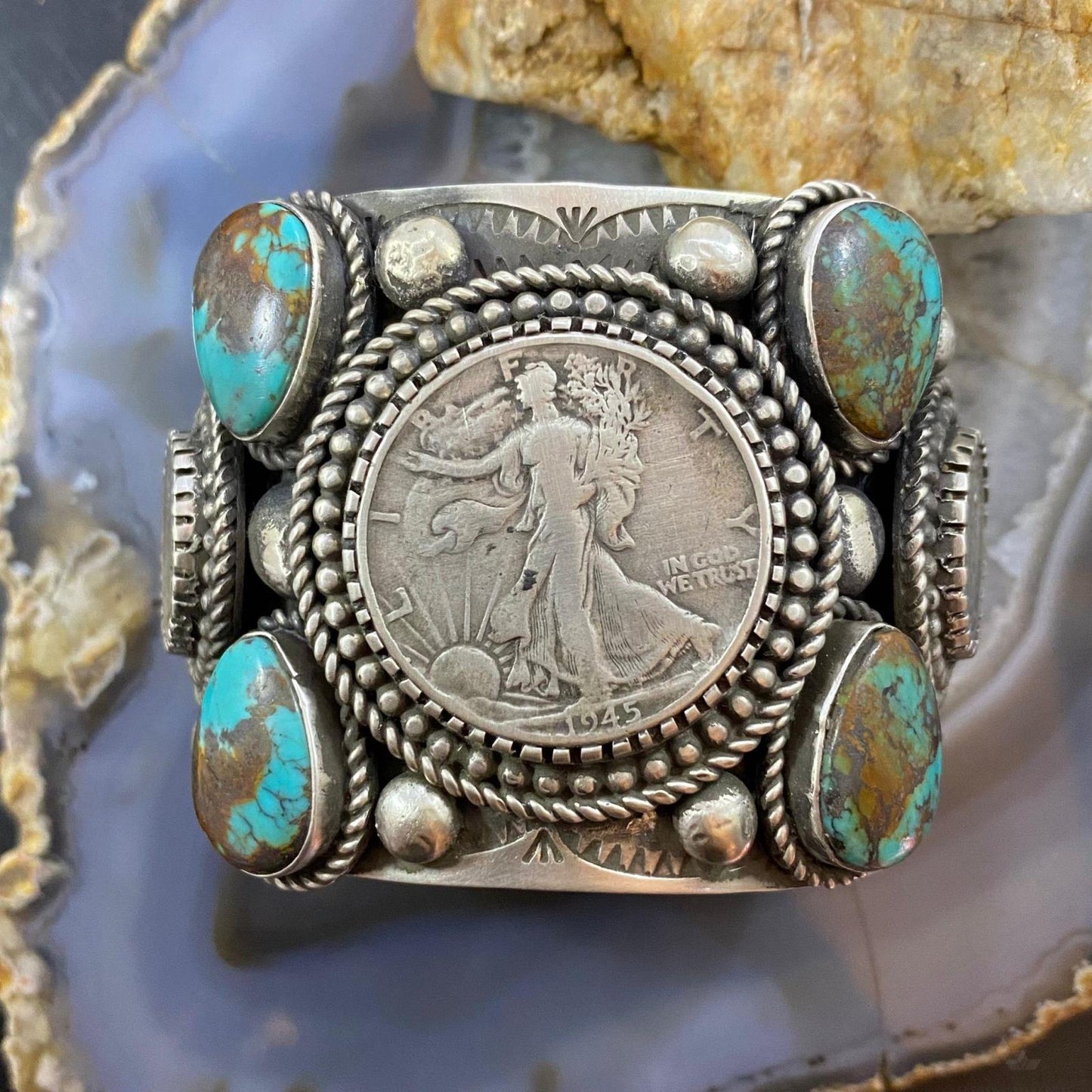 Alex Sanchez Sterling 4 Turquoise 1/2 Walking Liberty Dollar 2 Mercury Dimes Bracelet