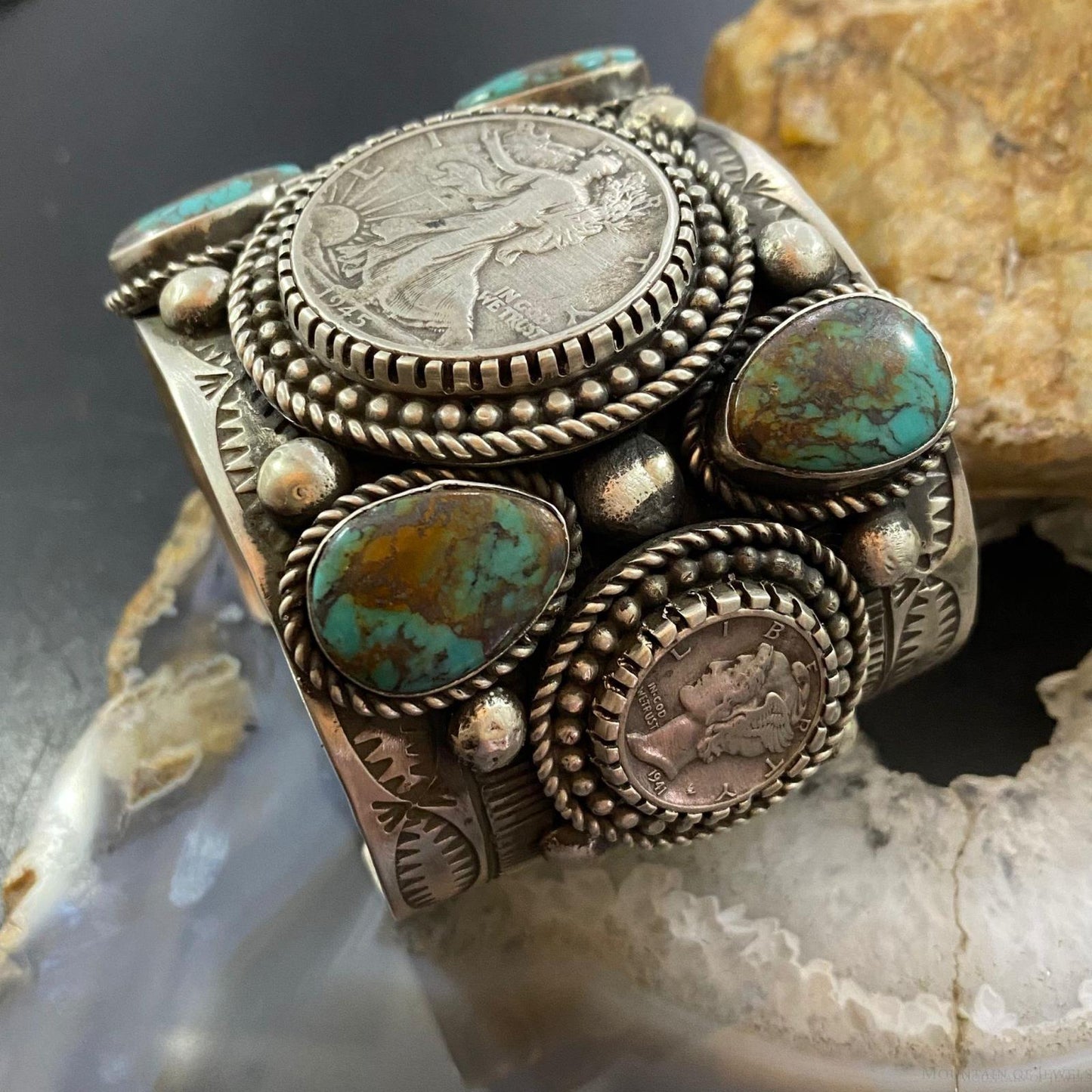 Alex Sanchez Sterling 4 Turquoise 1/2 Walking Liberty Dollar 2 Mercury Dimes Bracelet
