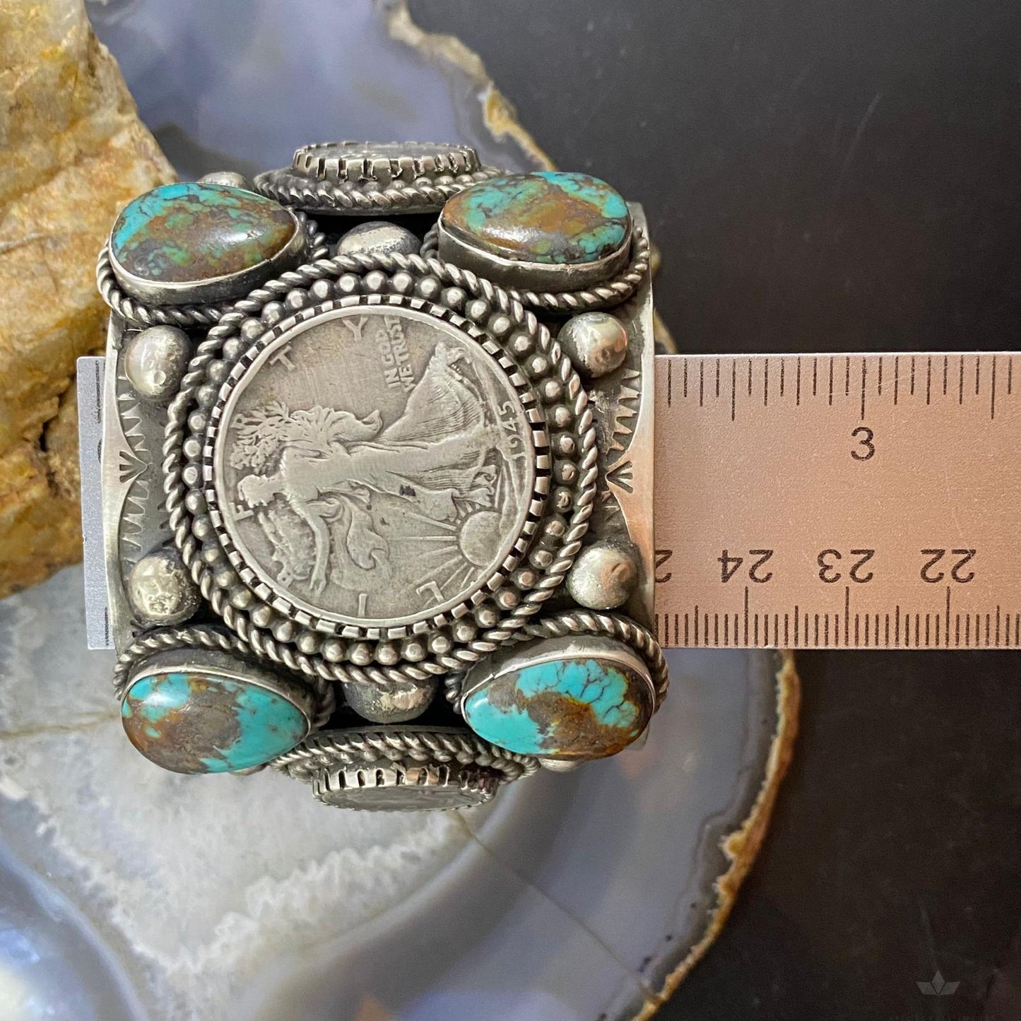 Alex Sanchez Sterling 4 Turquoise 1/2 Walking Liberty Dollar 2 Mercury Dimes Bracelet