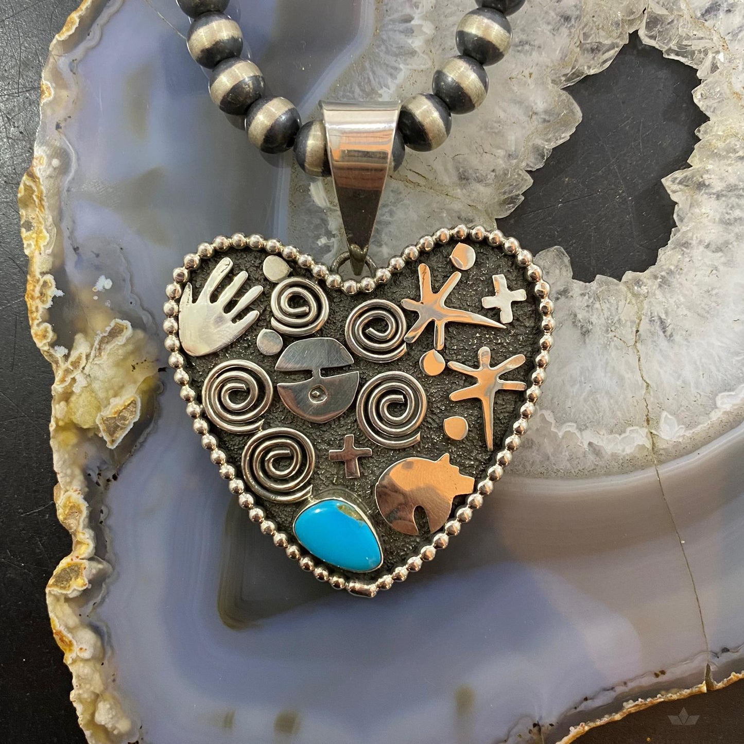 Alex Sanchez Sterling Silver Turquoise Petroglyph Heart Pendant For Women #1