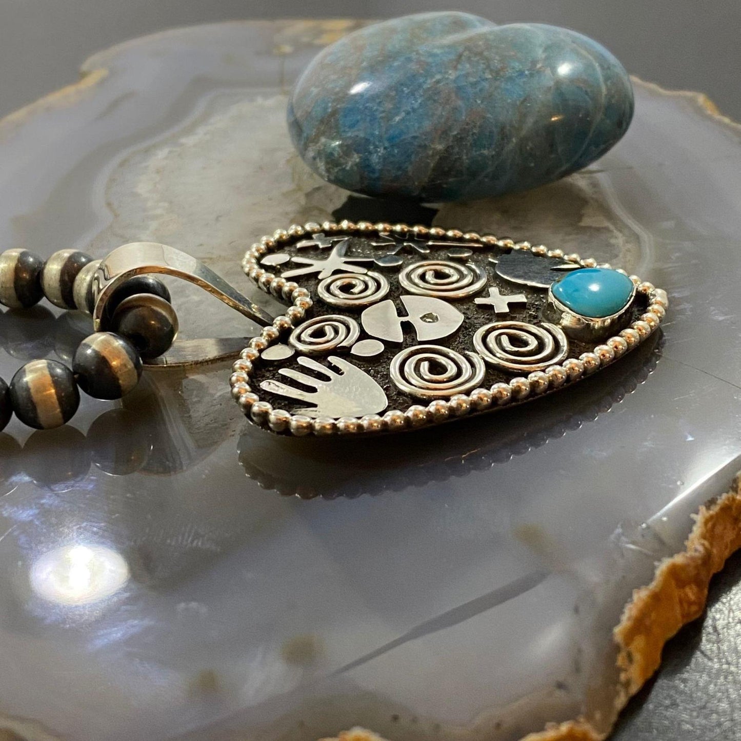 Alex Sanchez Sterling Silver Turquoise Petroglyph Heart Pendant For Women #1