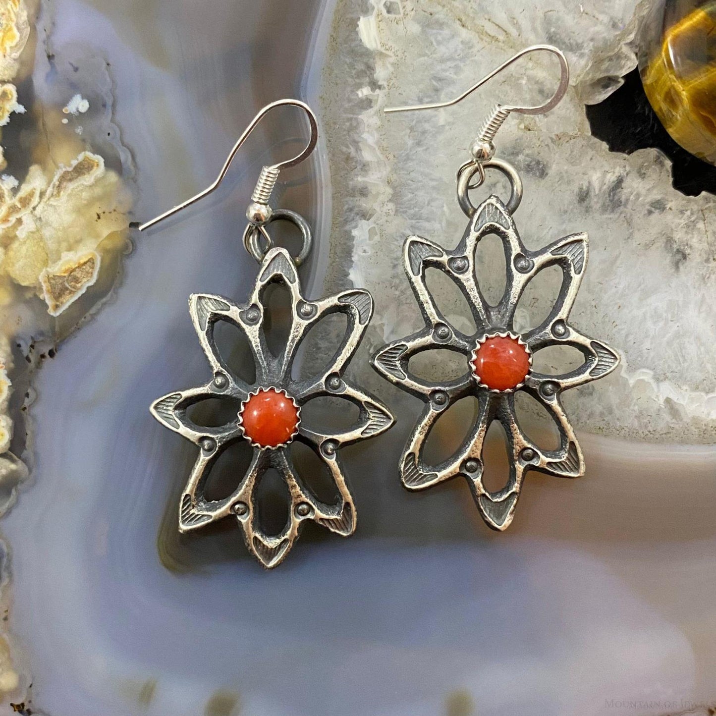 Kevin Billah Native American Sterling Coral Flower Decorated Dangle Earrings For Women #2