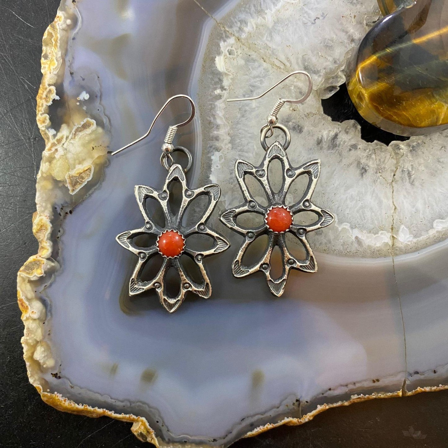 Kevin Billah Native American Sterling Coral Flower Decorated Dangle Earrings For Women #2