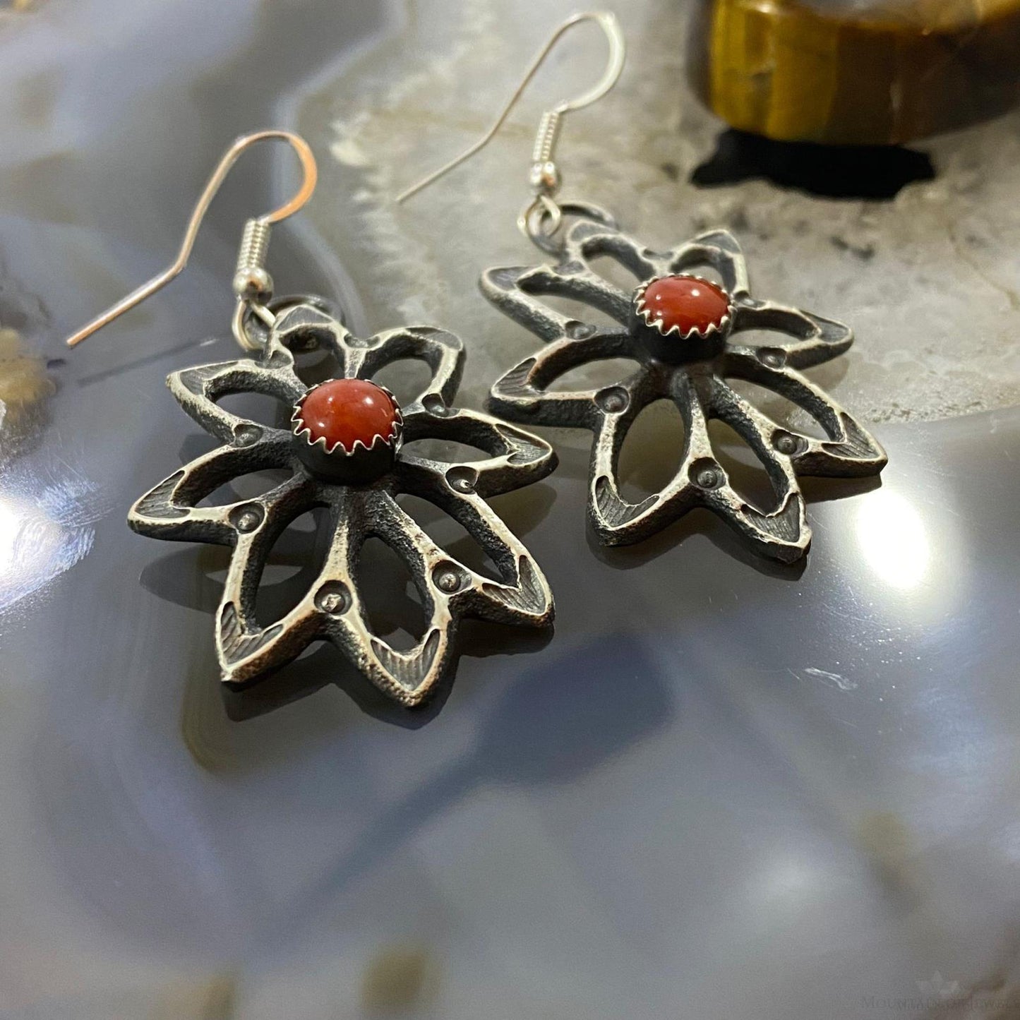 Kevin Billah Native American Sterling Coral Flower Decorated Dangle Earrings For Women #2