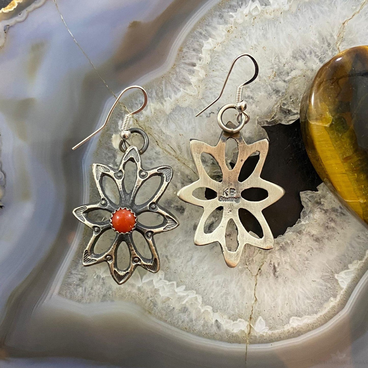 Kevin Billah Native American Sterling Coral Flower Decorated Dangle Earrings For Women #2