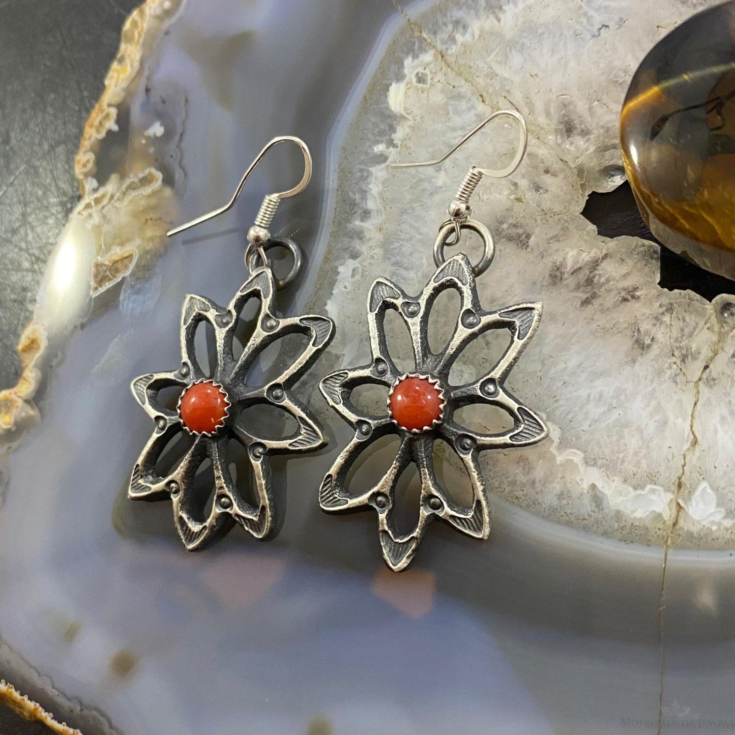 Kevin Billah Native American Sterling Coral Flower Decorated Dangle Earrings For Women #2