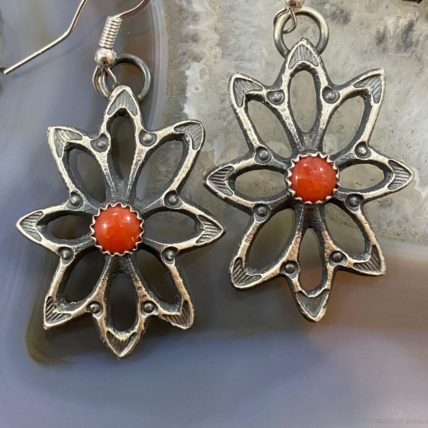 Kevin Billah Native American Sterling Coral Flower Decorated Dangle Earrings For Women #2