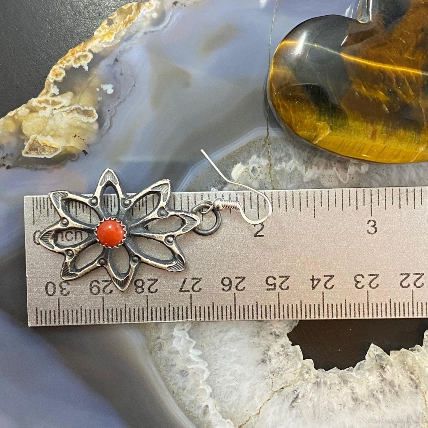 Kevin Billah Native American Sterling Coral Flower Decorated Dangle Earrings For Women #2