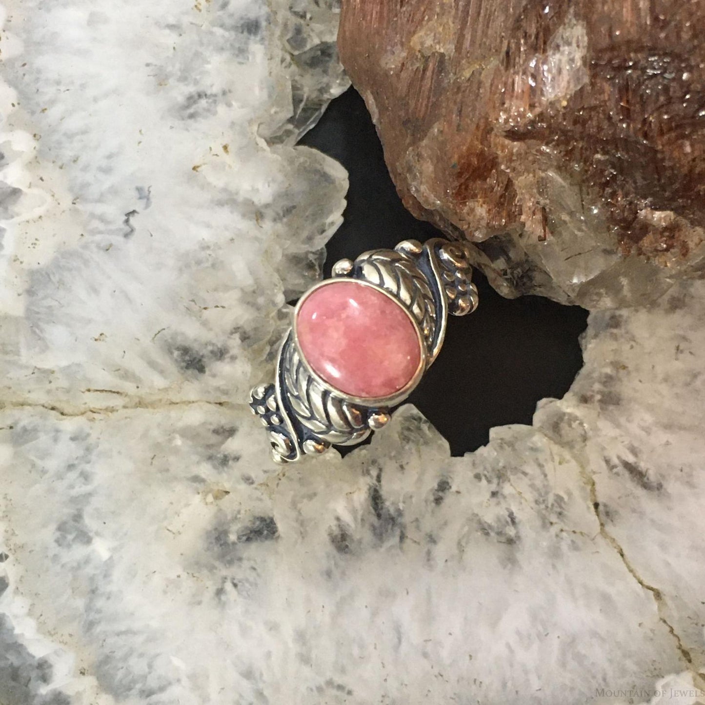 Carolyn Pollack Vintage Sterling Silver Oval Rhodonite Floral Ring For Women