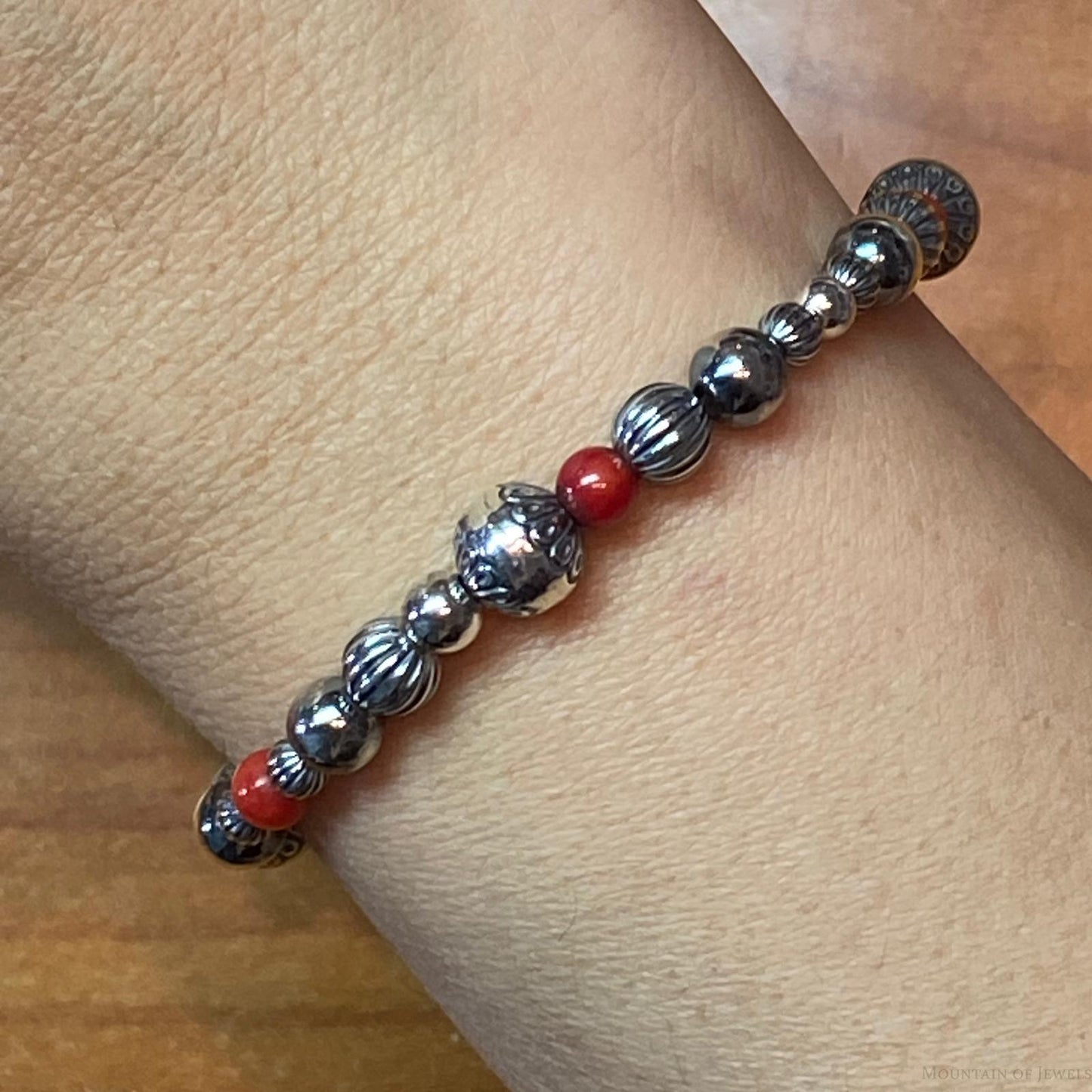 Carolyn Pollack Sterling silver Beads w/ Red Jasper Beads Stretch Bracelet For Women