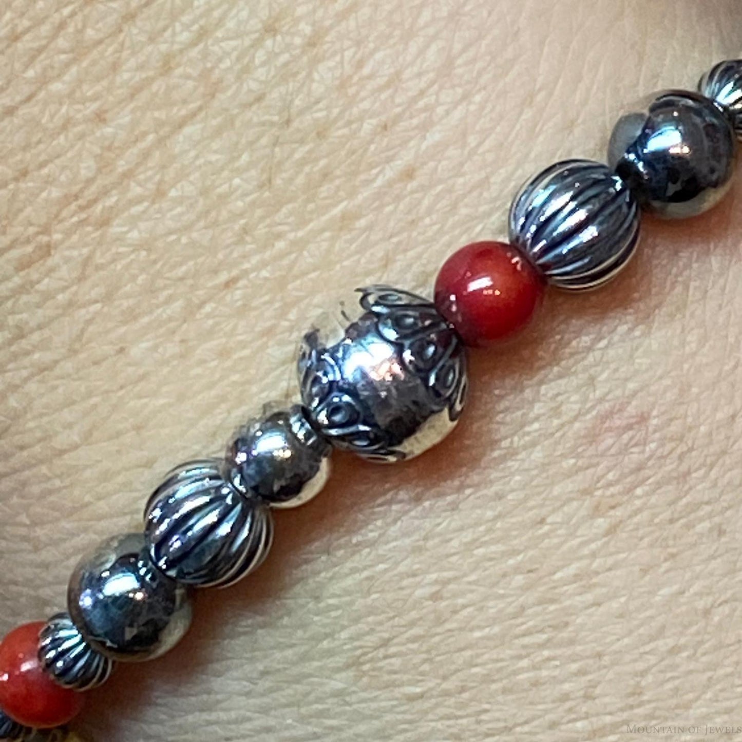 Carolyn Pollack Sterling silver Beads w/ Red Jasper Beads Stretch Bracelet For Women
