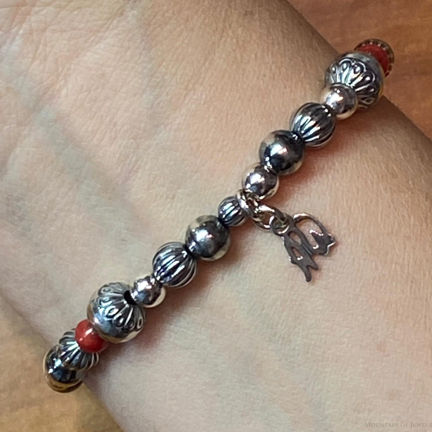 Carolyn Pollack Sterling silver Beads w/ Red Jasper Beads Stretch Bracelet For Women