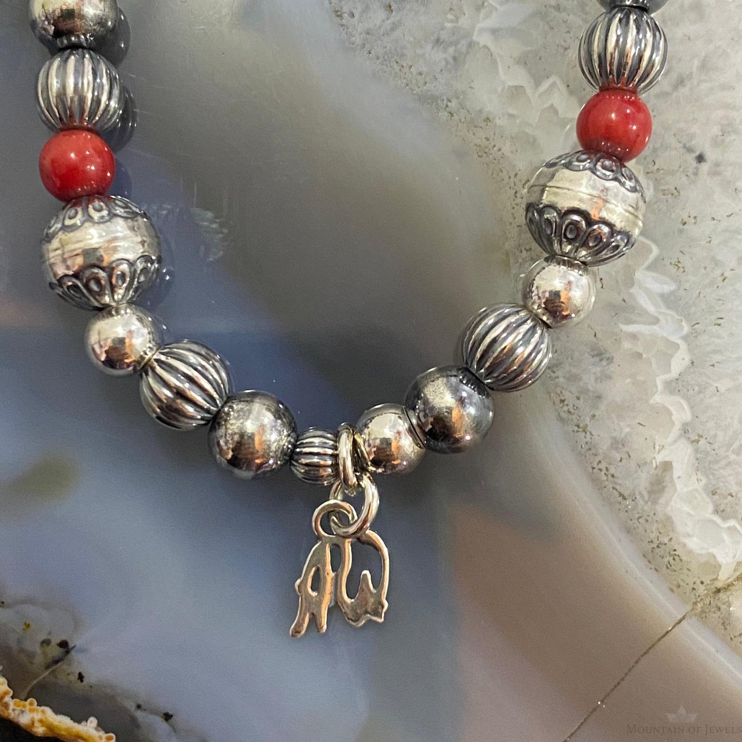 Carolyn Pollack Sterling silver Beads w/ Red Jasper Beads Stretch Bracelet For Women