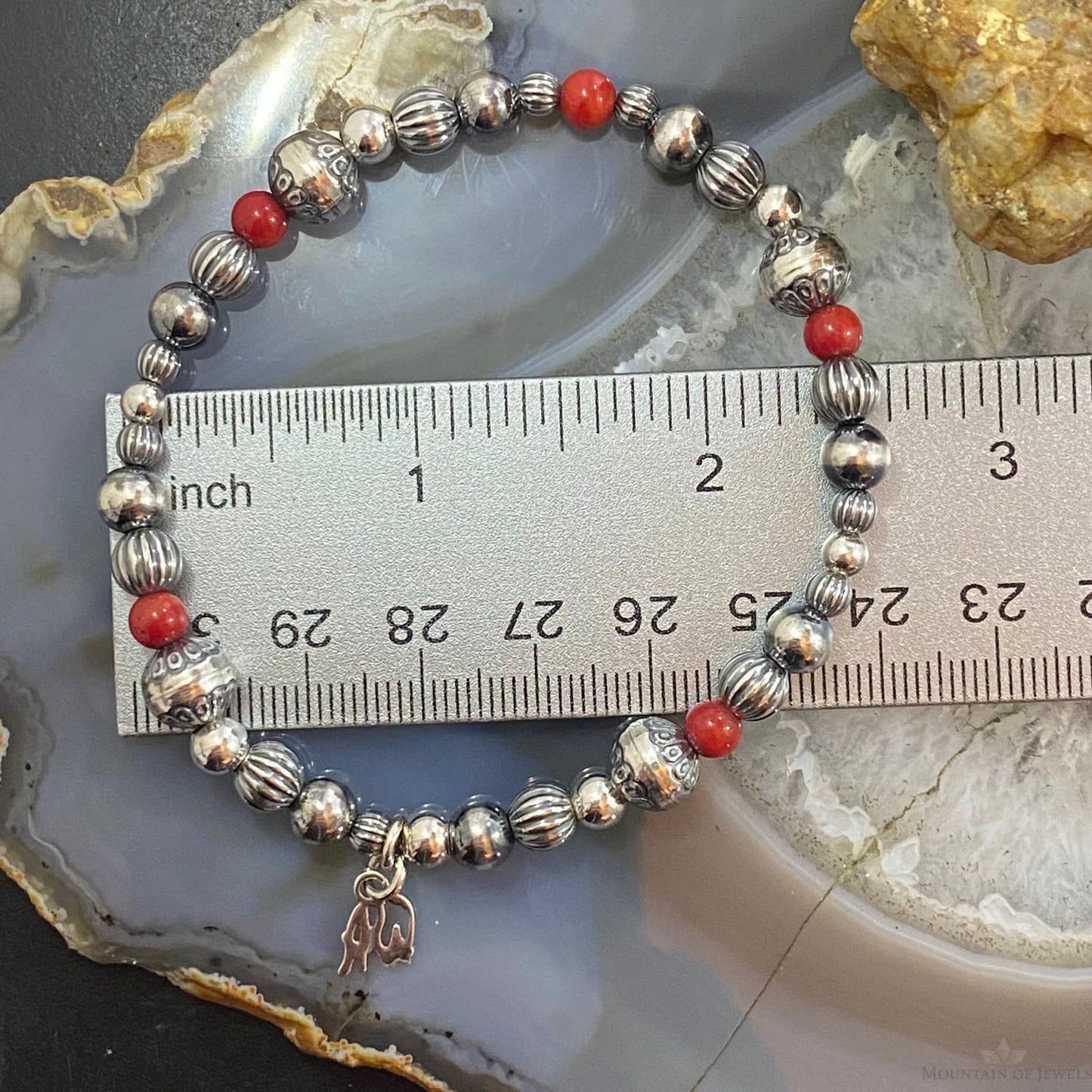 Carolyn Pollack Sterling silver Beads w/ Red Jasper Beads Stretch Bracelet For Women