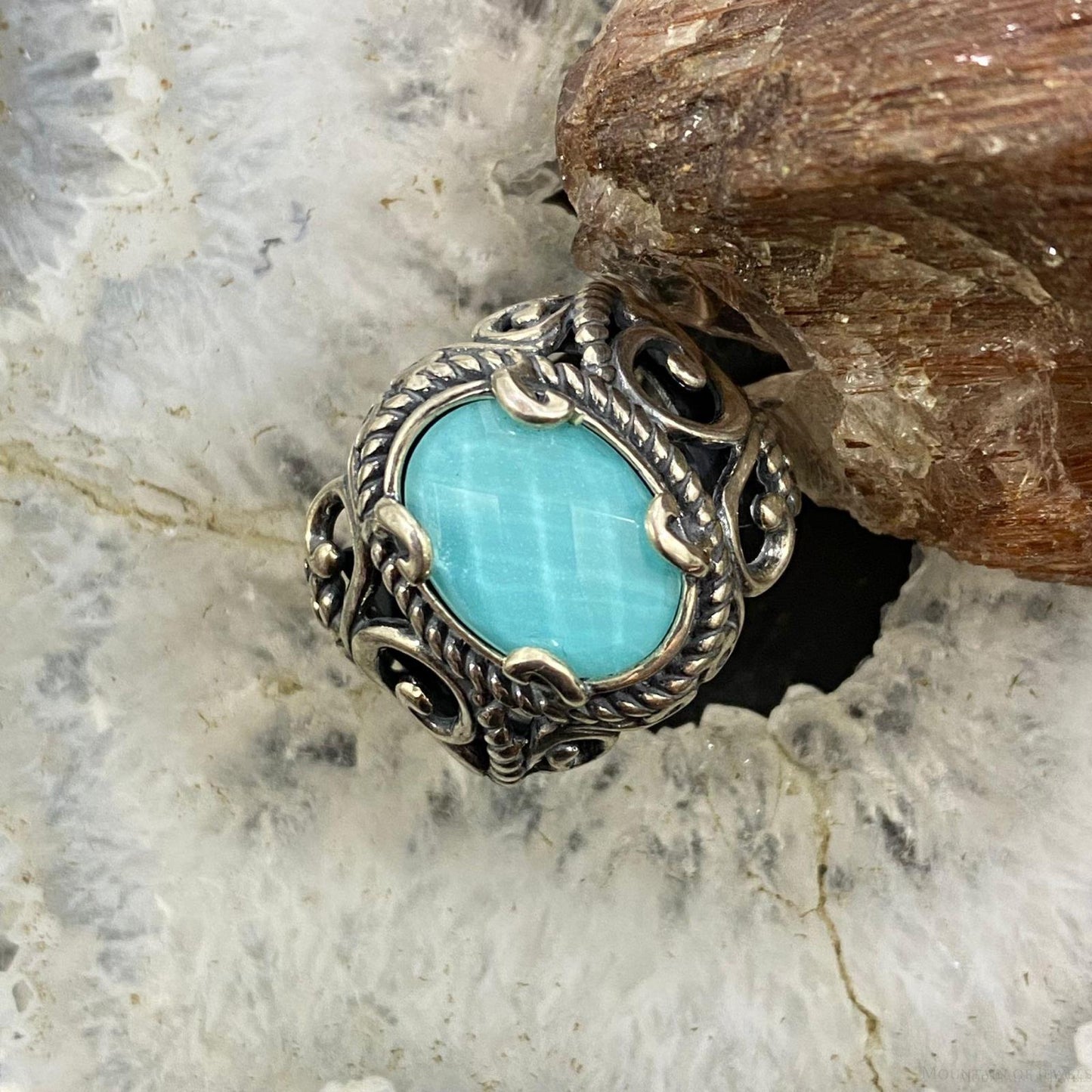 Carolyn Pollack Sterling Silver Oval Amazonite & Quartz Decorated Doublet Ring For Women