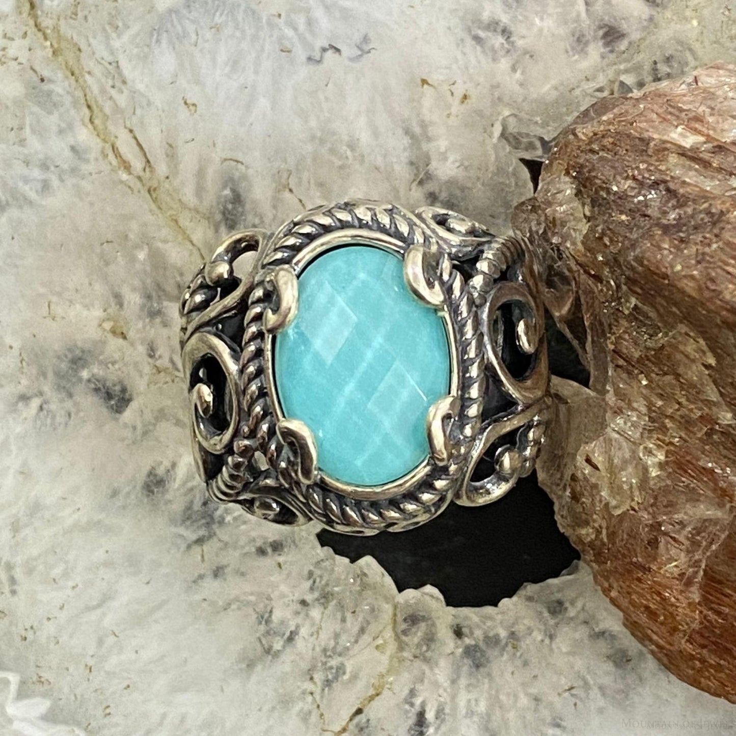 Carolyn Pollack Sterling Silver Oval Amazonite & Quartz Decorated Doublet Ring For Women