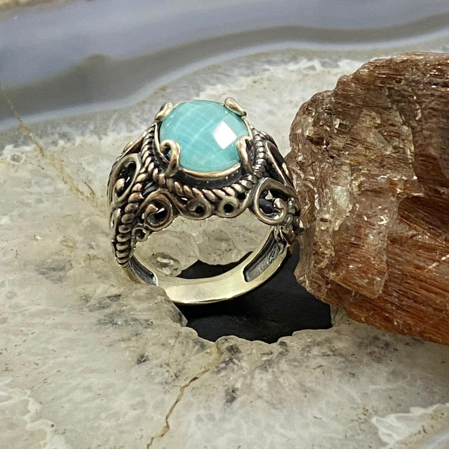 Carolyn Pollack Sterling Silver Oval Amazonite & Quartz Decorated Doublet Ring For Women