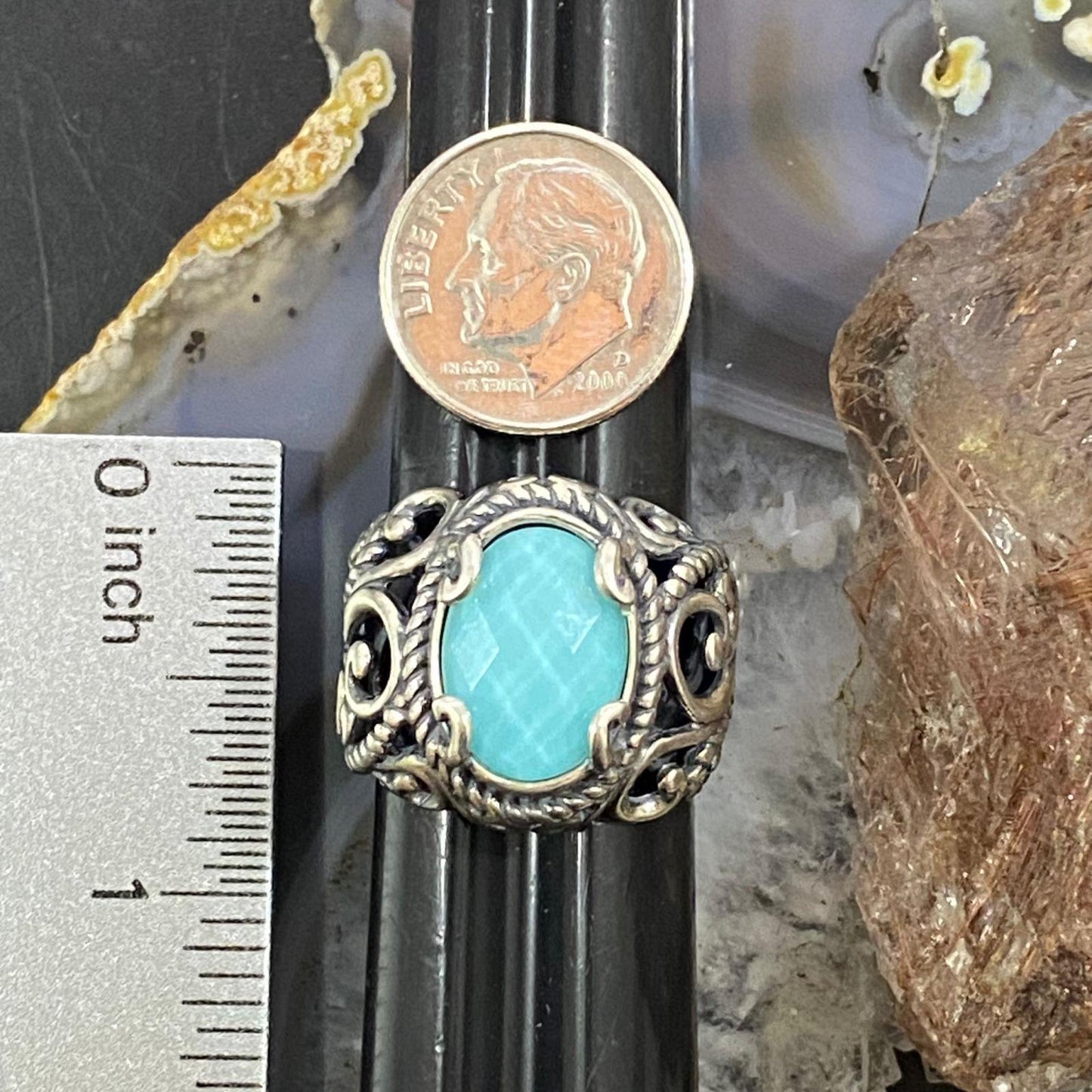 Carolyn Pollack Sterling Silver Oval Amazonite & Quartz Decorated Doublet Ring For Women