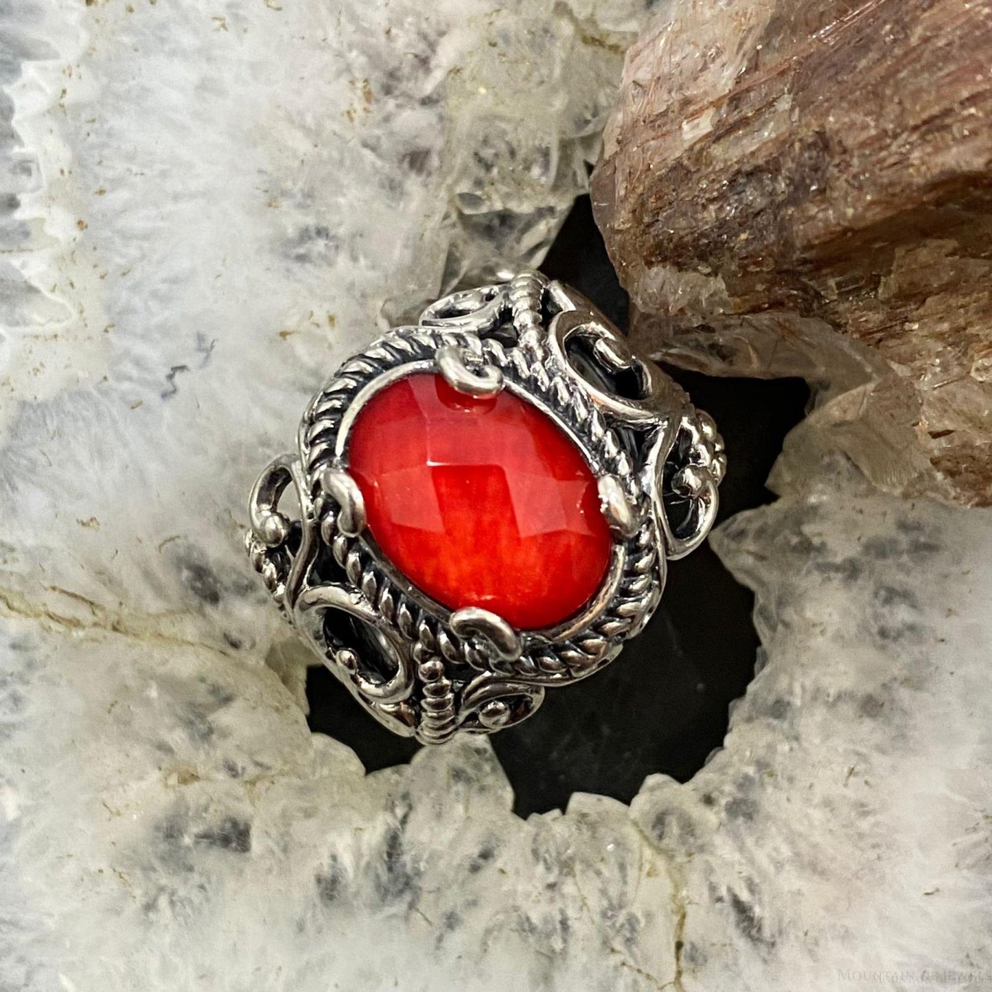 Carolyn Pollack Sterling Silver Oval Red Coral & Quartz Decorated Doublet Ring For Women