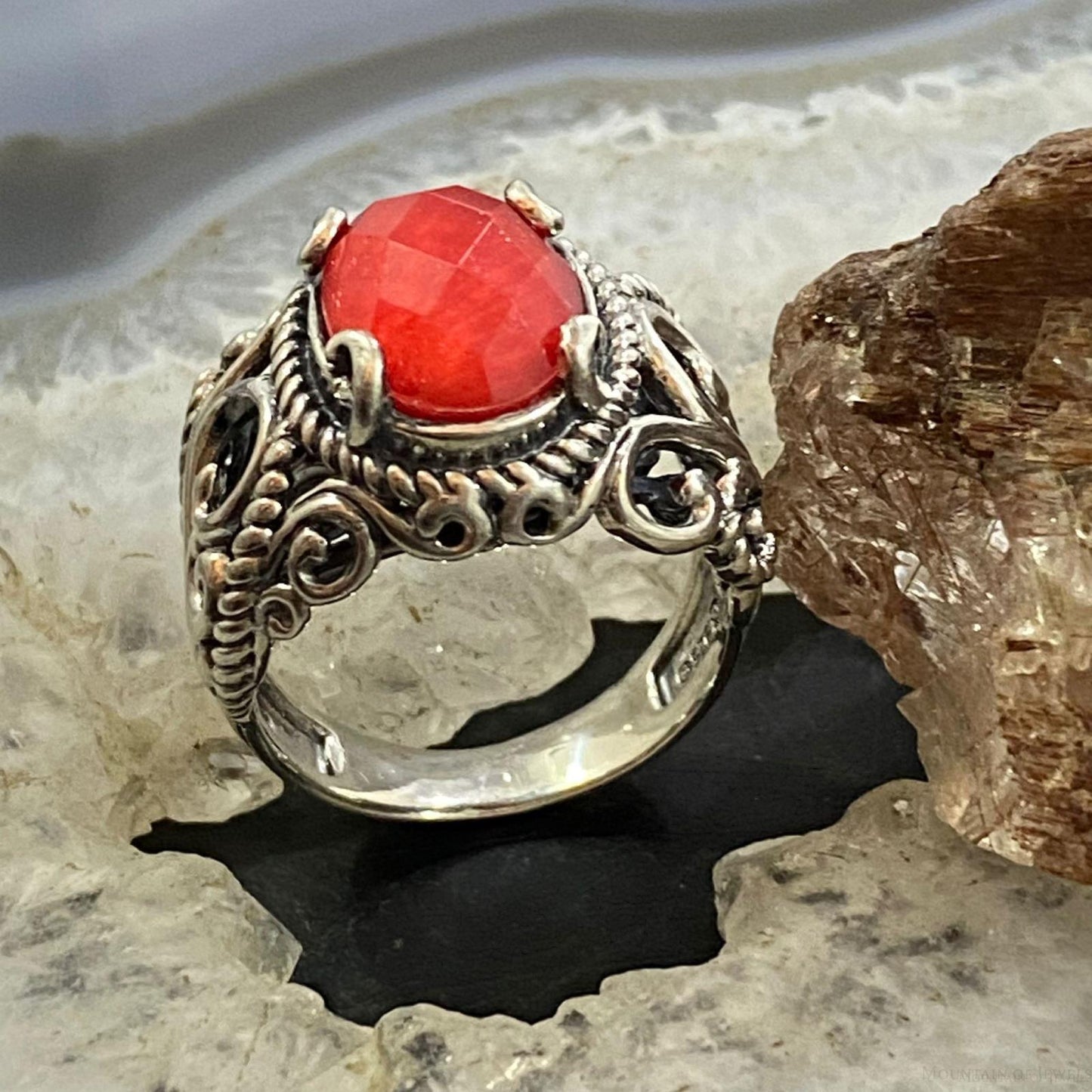 Carolyn Pollack Sterling Silver Oval Red Coral & Quartz Decorated Doublet Ring For Women