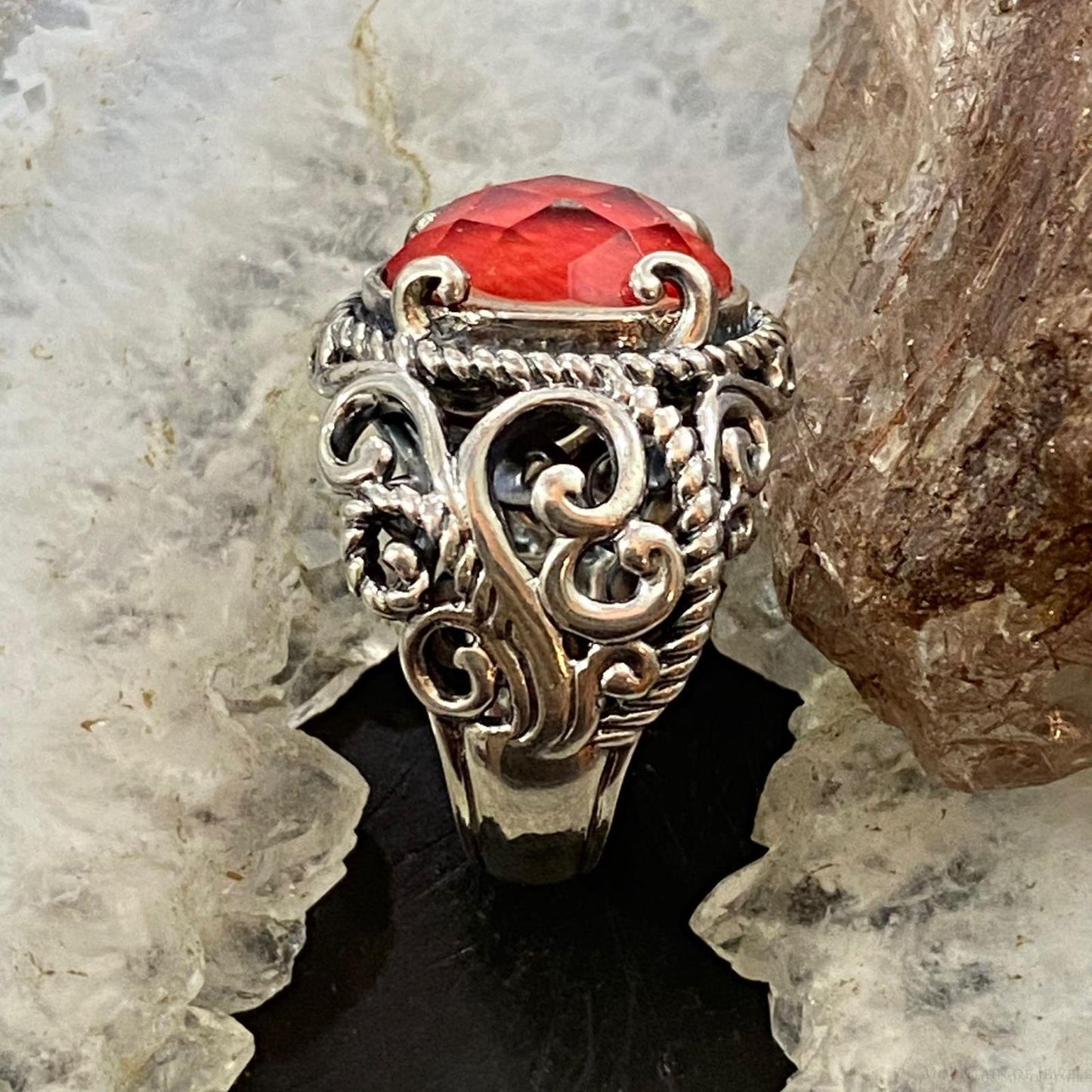 Carolyn Pollack Sterling Silver Oval Red Coral & Quartz Decorated Doublet Ring For Women