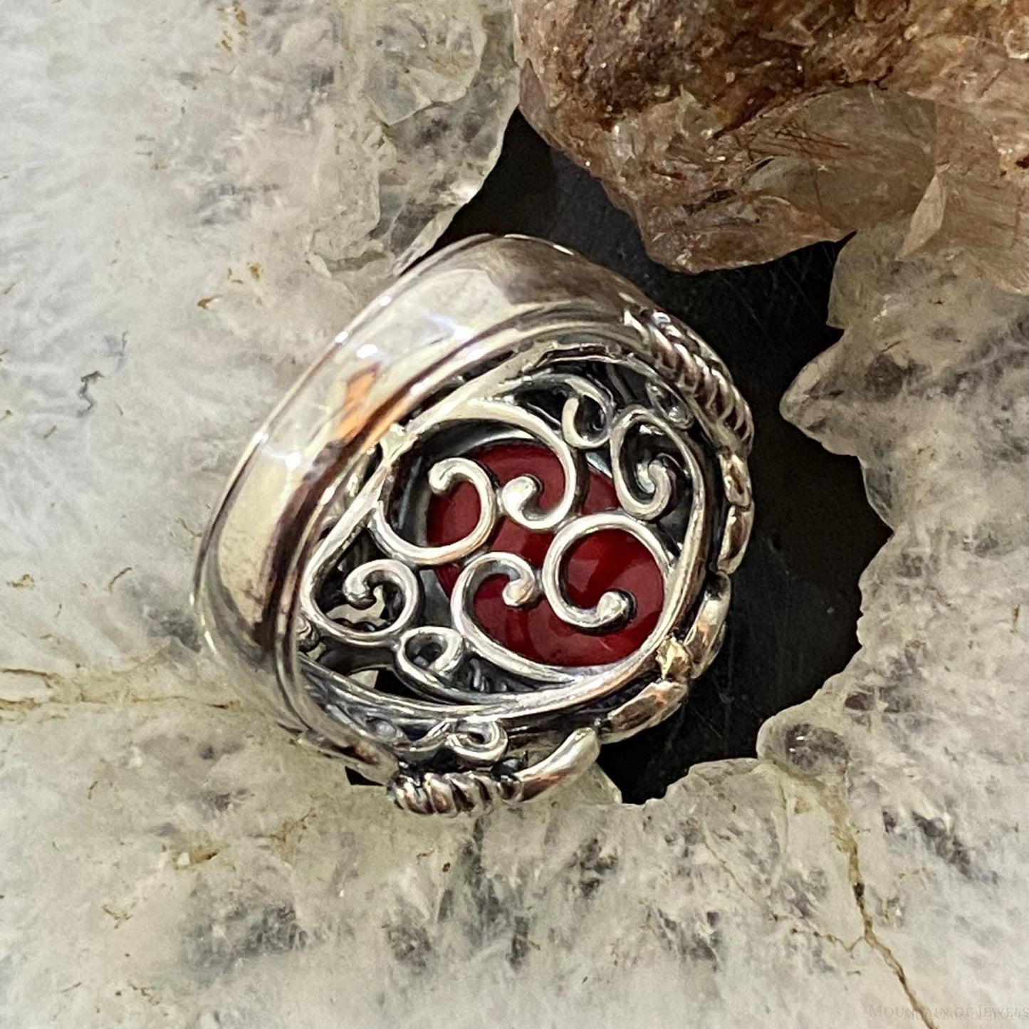 Carolyn Pollack Sterling Silver Oval Red Coral & Quartz Decorated Doublet Ring For Women