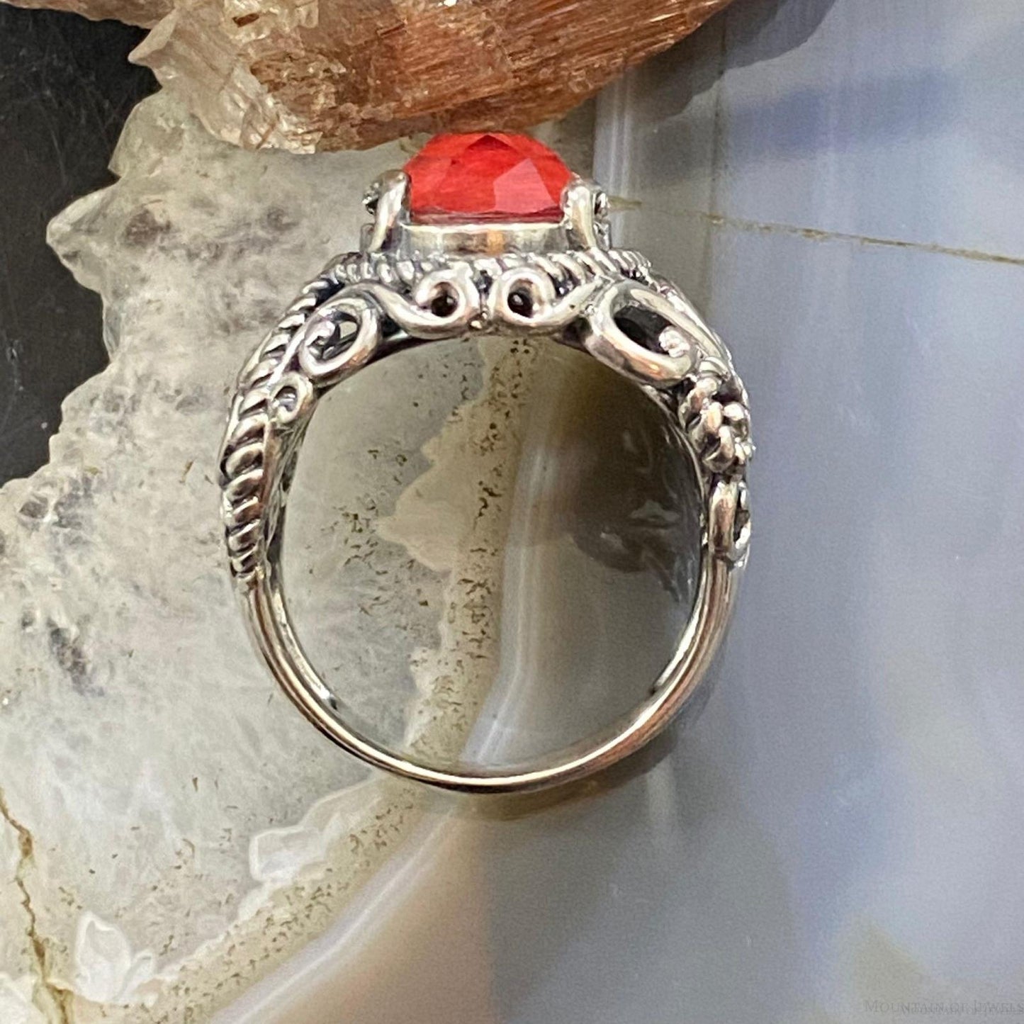 Carolyn Pollack Sterling Silver Oval Red Coral & Quartz Decorated Doublet Ring For Women