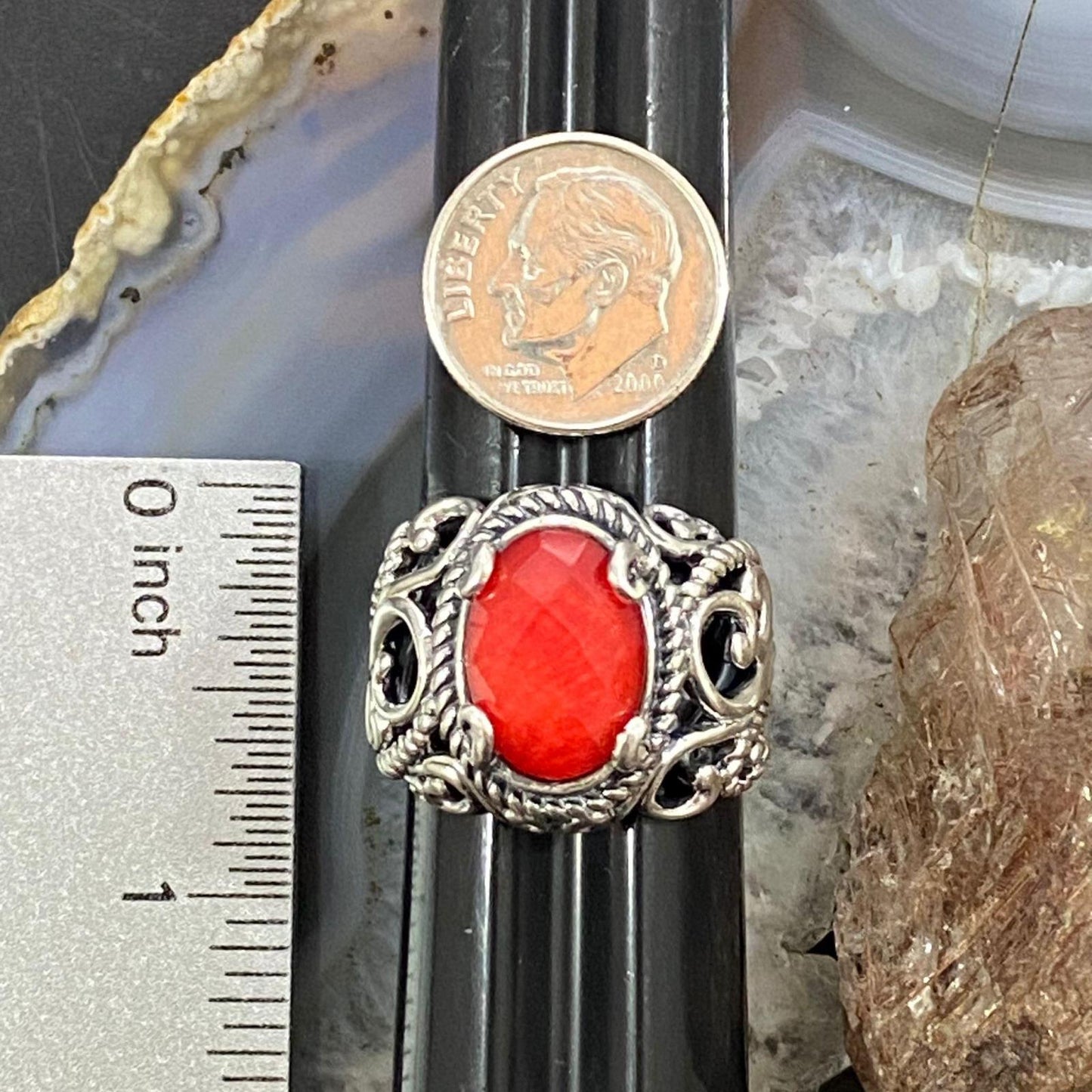 Carolyn Pollack Sterling Silver Oval Red Coral & Quartz Decorated Doublet Ring For Women