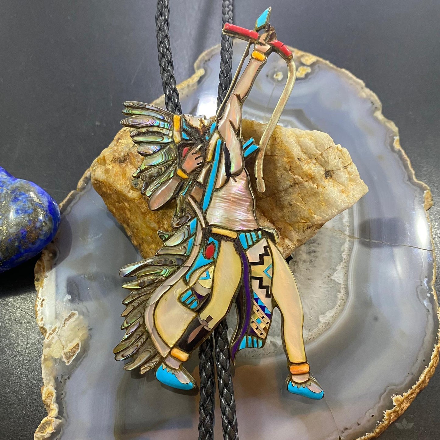 Vintage Zuni Native American Silver Warrior/Hunter With Braided Rope Bolo Tie