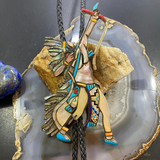 Vintage Zuni Native American Silver Warrior/Hunter With Braided Rope Bolo Tie