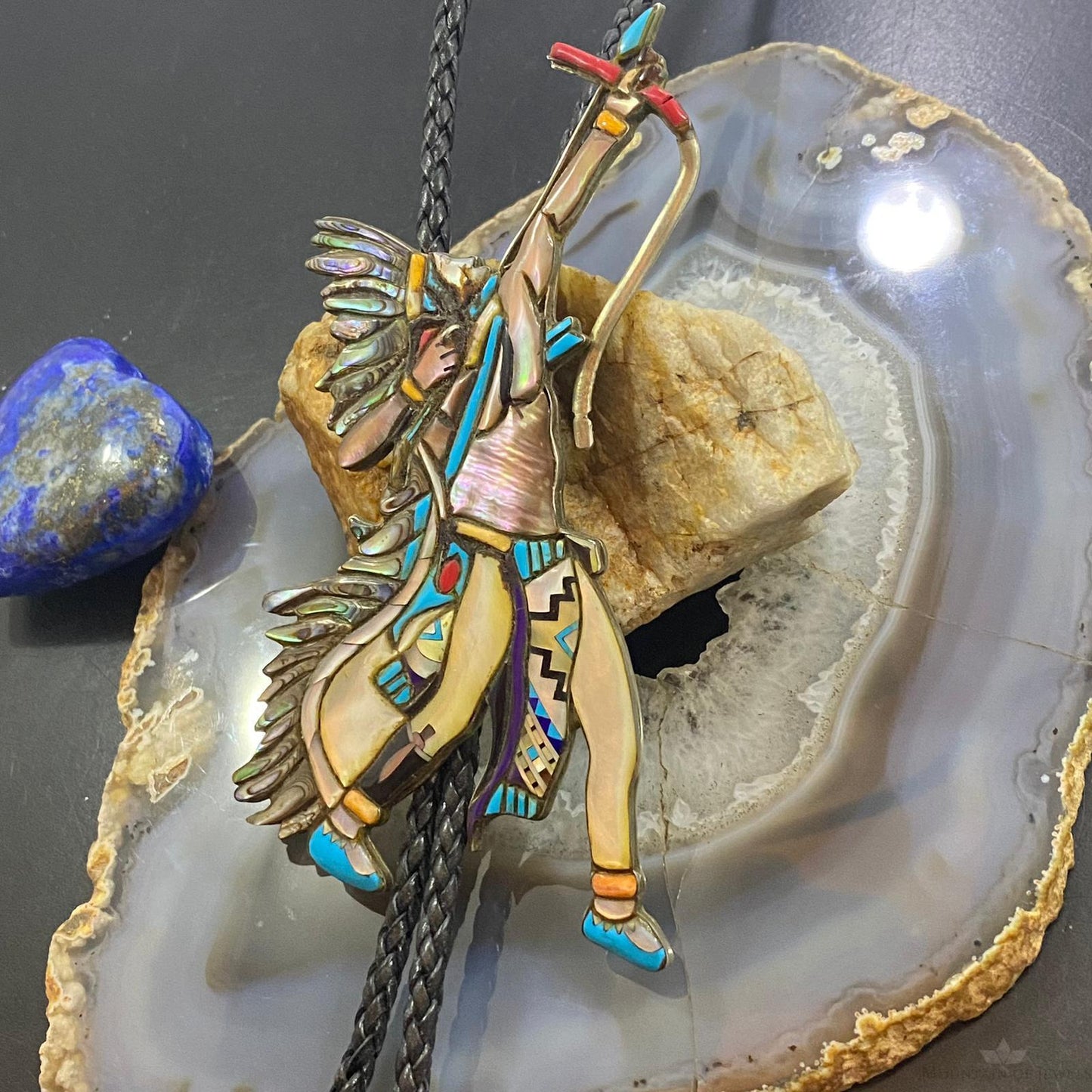 Vintage Zuni Native American Silver Warrior/Hunter With Braided Rope Bolo Tie
