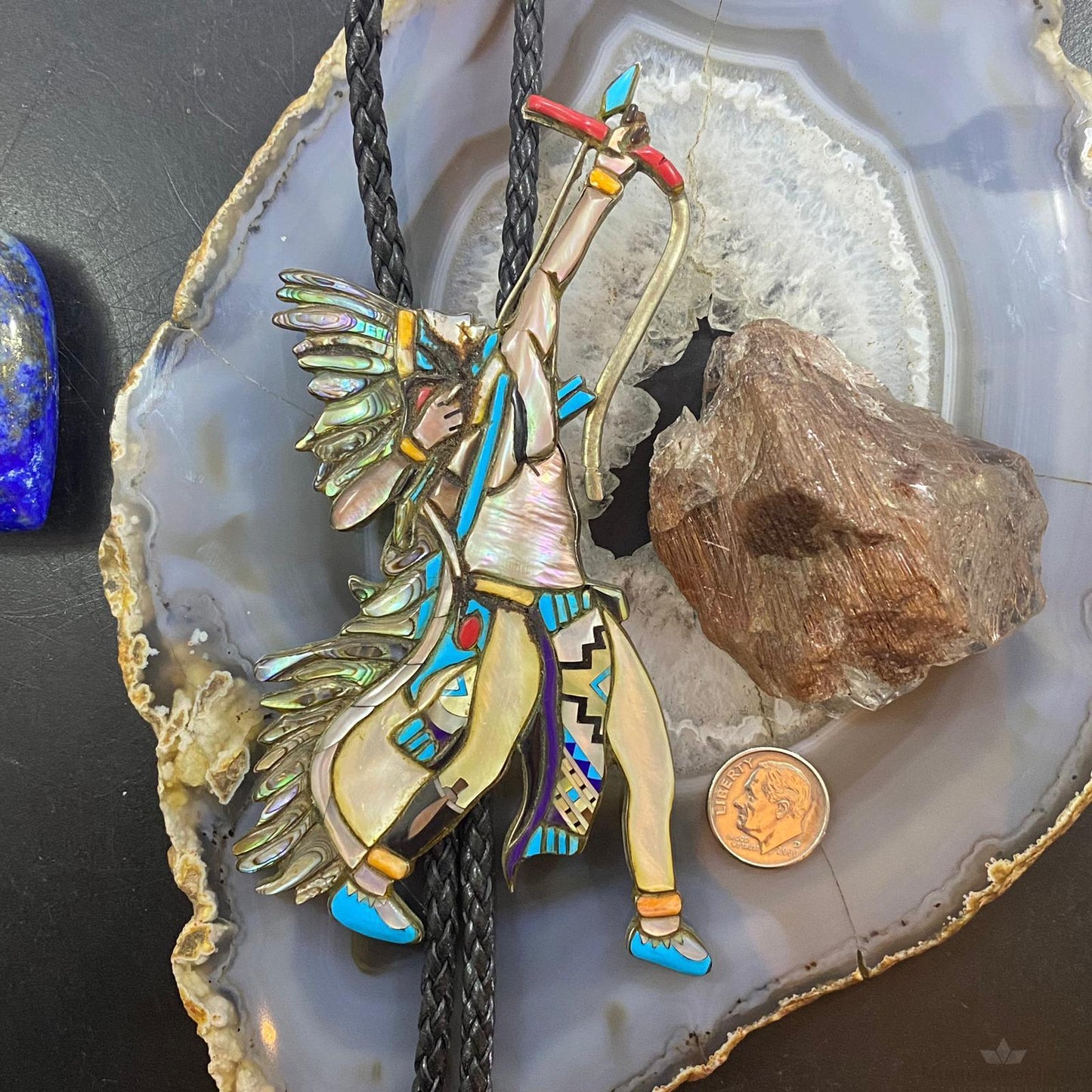 Vintage Zuni Native American Silver Warrior/Hunter With Braided Rope Bolo Tie