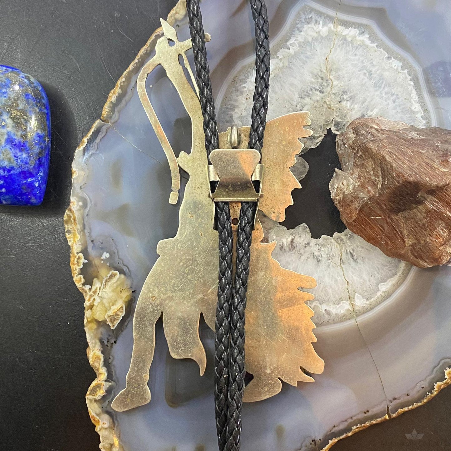 Vintage Zuni Native American Silver Warrior/Hunter With Braided Rope Bolo Tie