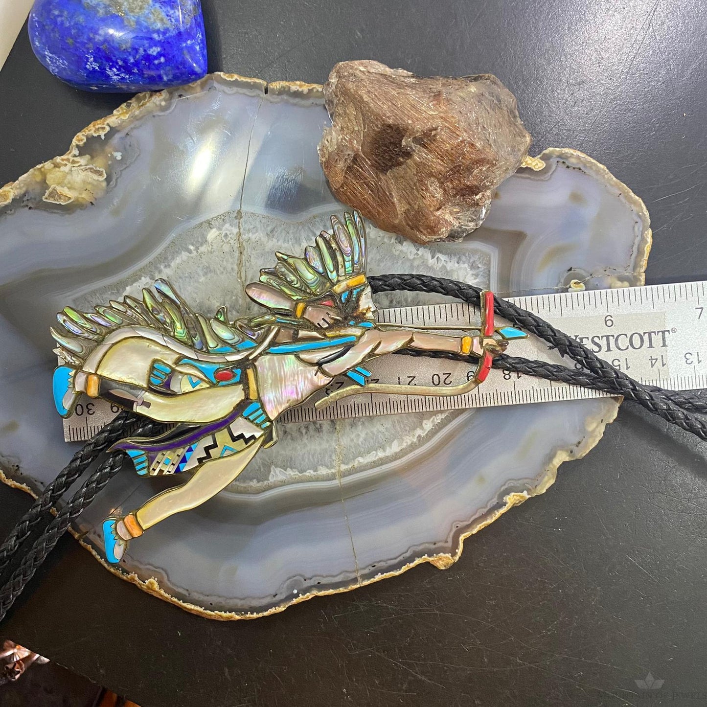 Vintage Zuni Native American Silver Warrior/Hunter With Braided Rope Bolo Tie