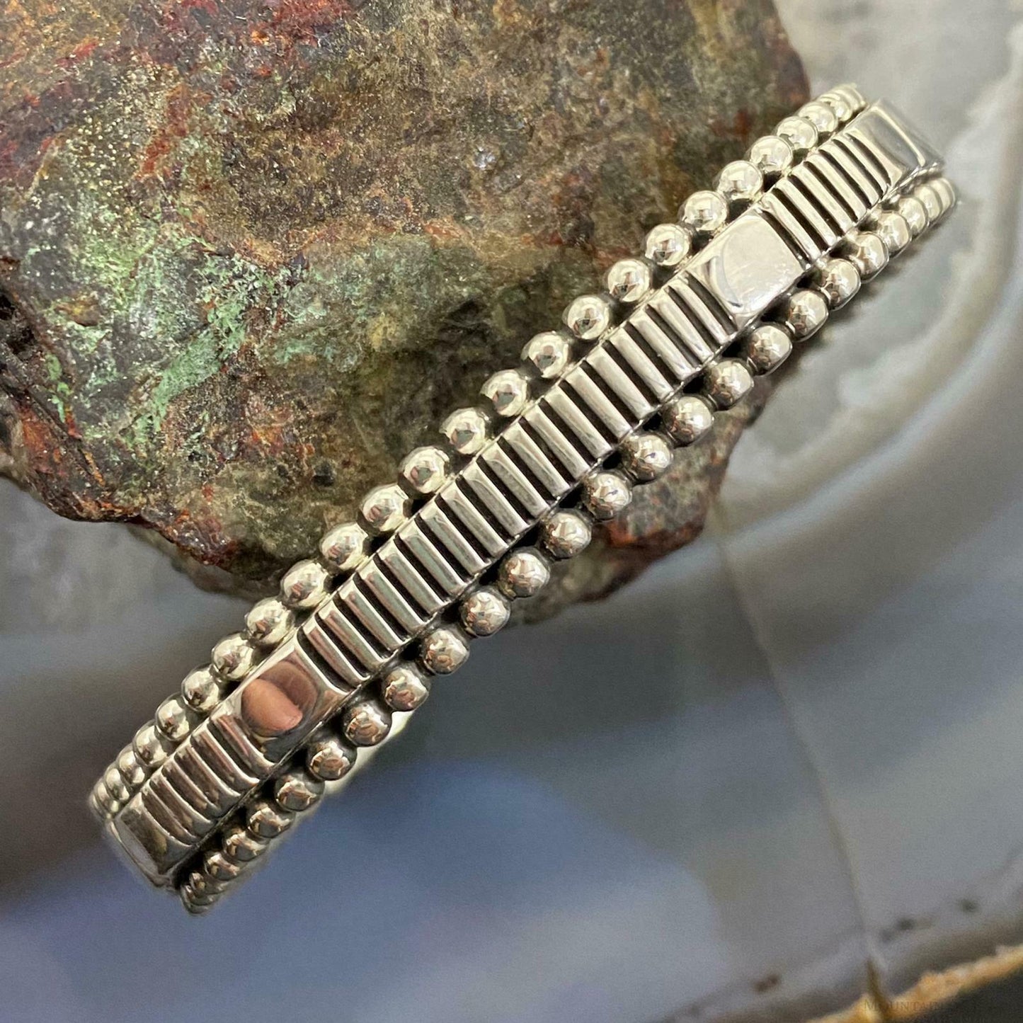 Johnathan Nez Sterling Silver Shiny Overlay Stripes Bracelet Cuff For Women - Mountain Of Jewels