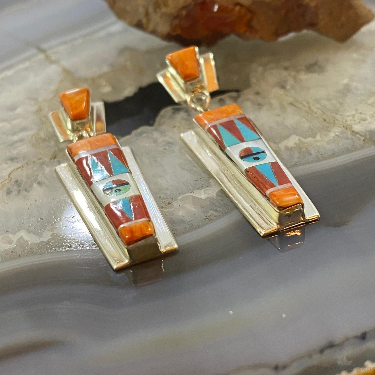 Raylan & Patty Edaakie Zuni Sterling Silver Multi Stone Inlay Dangle Earrings For Women #1