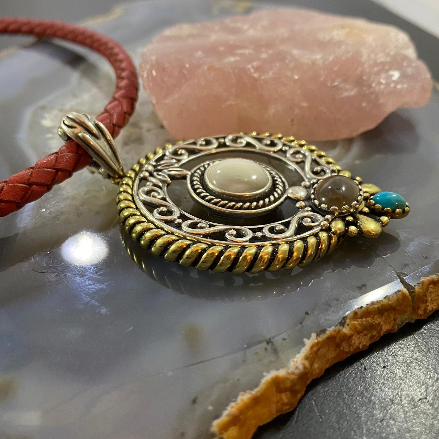 Carolyn Pollack Southwestern Style Sterling Silver & Brass Multistone Decorated Pendant For Women