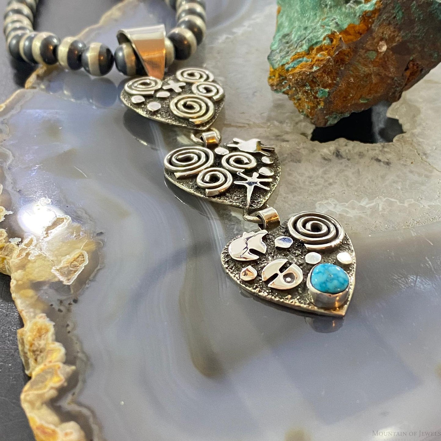 Alex Sanchez Native American Sterling Silver Triple Petroglyph Heart w/Turquoise Pendant For Women #4