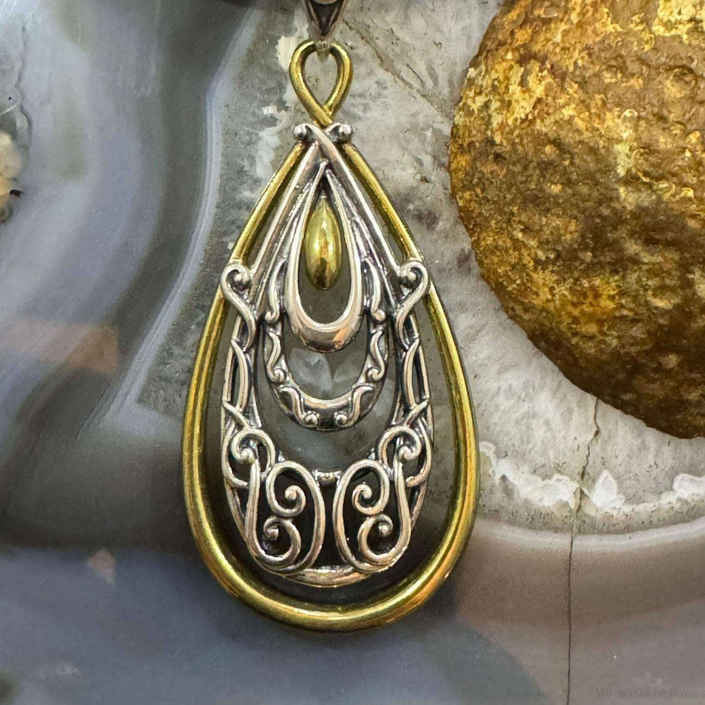 Carolyn Pollack Sterling Silver & Brass Decorated Teardrop Enhancer Pendant For Women