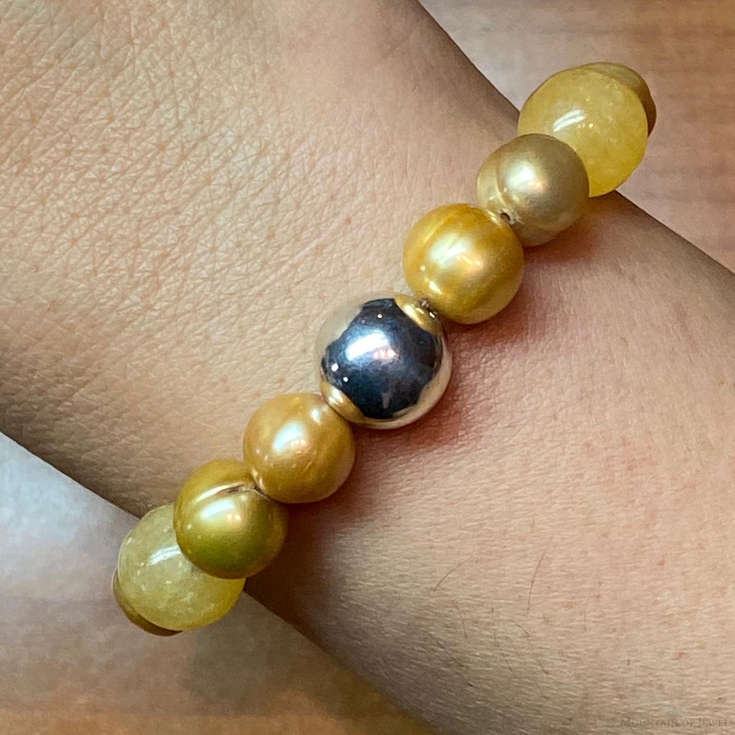 Carolyn Pollack Sterling Silver Yellow Jade & Pearl Bead Stretch Bracelet For Women