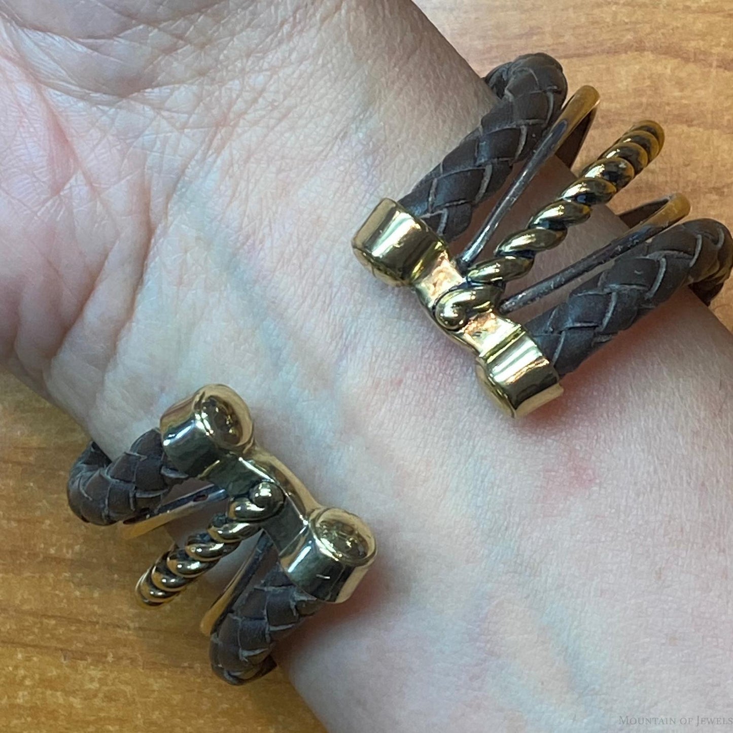 Carolyn Pollack Sterling Silver & Brass 4 Turquoise Dk Brown Leather Decorated Bracelet
