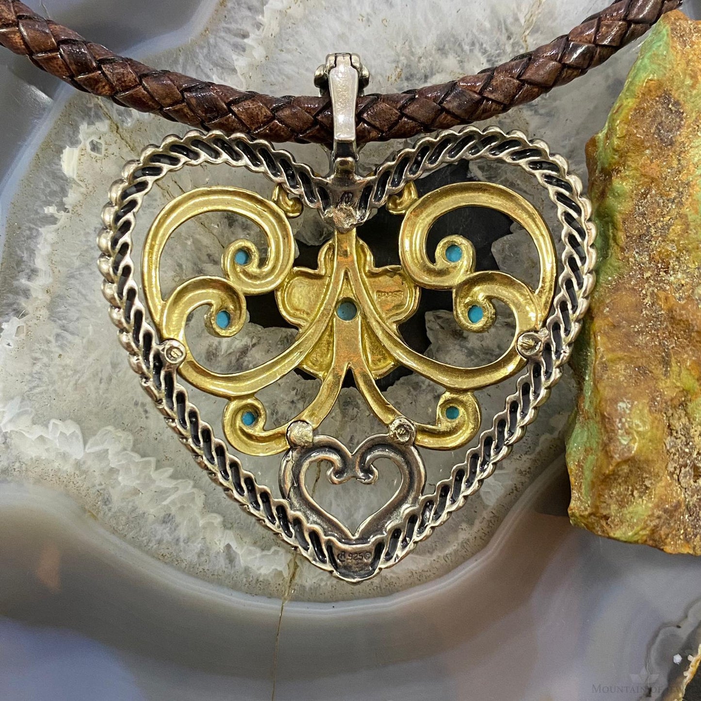 Carolyn Pollack Southwestern Style Sterling Silver & Brass Turquoise Heart Pendant For Women