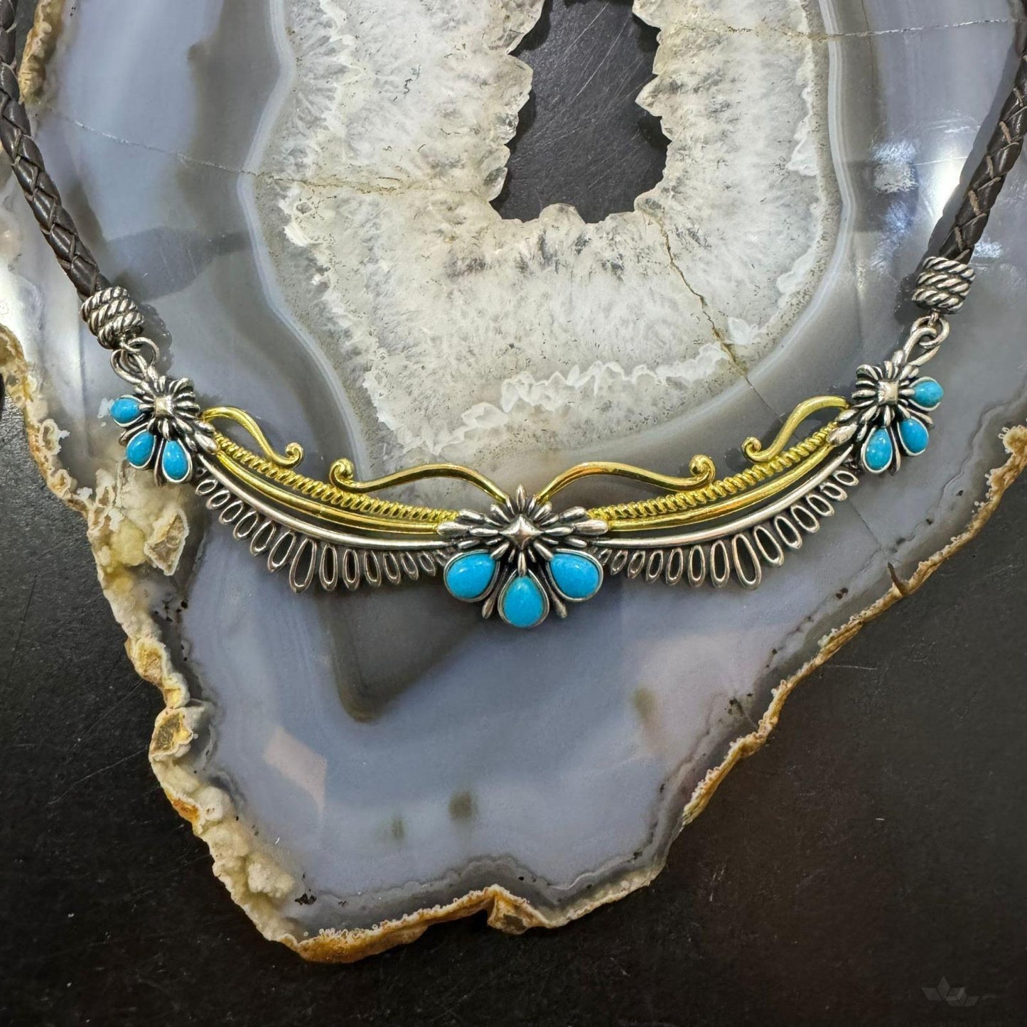 Carolyn Pollack Sterling Silver & Brass 9 Turquoise Brown Braided Leather Necklace